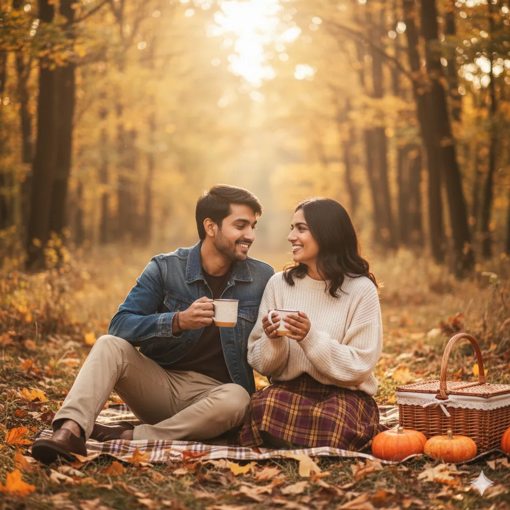 Couple in a knit sweater and denim jacket sitting on a checkered picnic blanket in an autumn forest