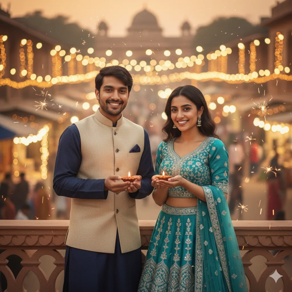 Couple in a teal lehenga and navy kurta holding diyas on a balcony above a Diwali night market