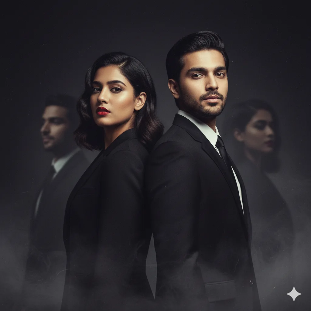 Couple in matching black suits standing back-to-back in a dark studio with silhouettes and floor mist