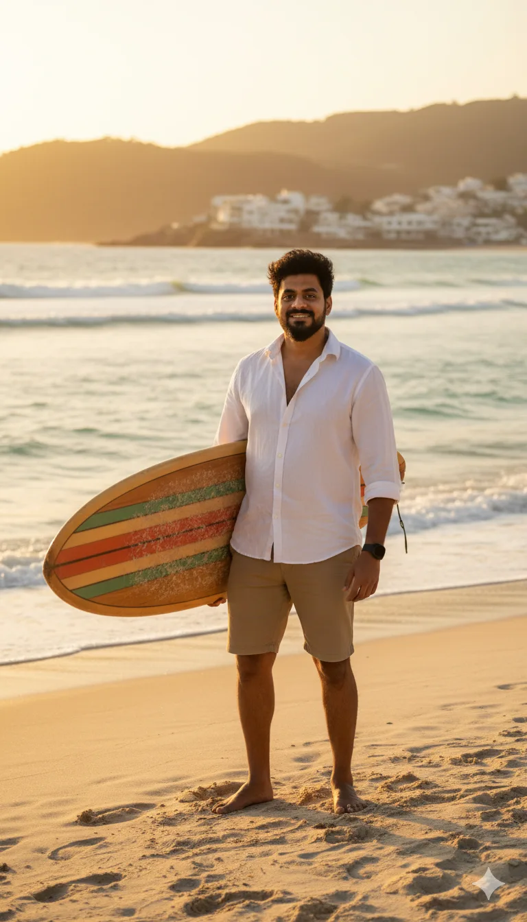 Young man in a white linen shirt holding a surfboard barefoot on a sandy beach by a turquoise sea