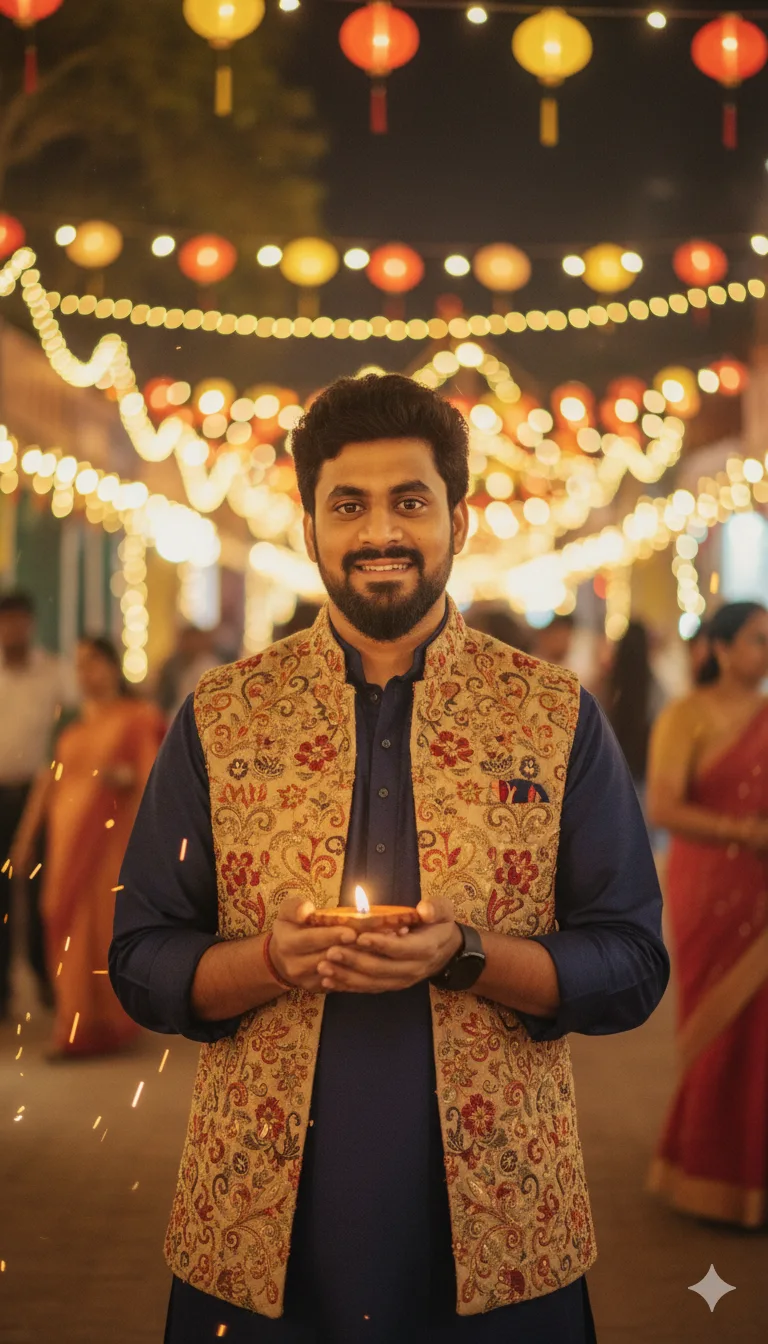 Young man in a navy kurta and beige jacket holding a diya at a Diwali night market with lanterns