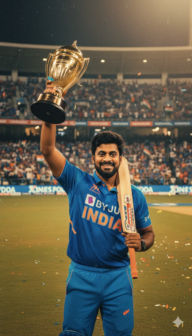 Young man in an India jersey raising the Asia Cup trophy and a bat in a floodlit stadium with flags