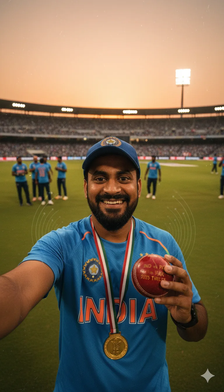 Young man in an India cap and jersey taking a selfie with a medal and ball on the outfield at sunset