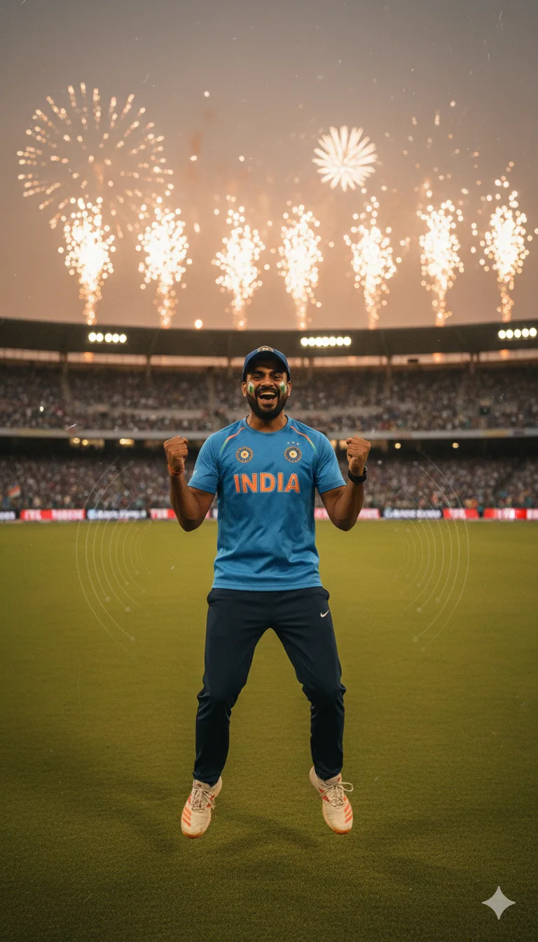 Young man with tricolour face paint jumping in celebration in a stadium full of blue flags and fireworks