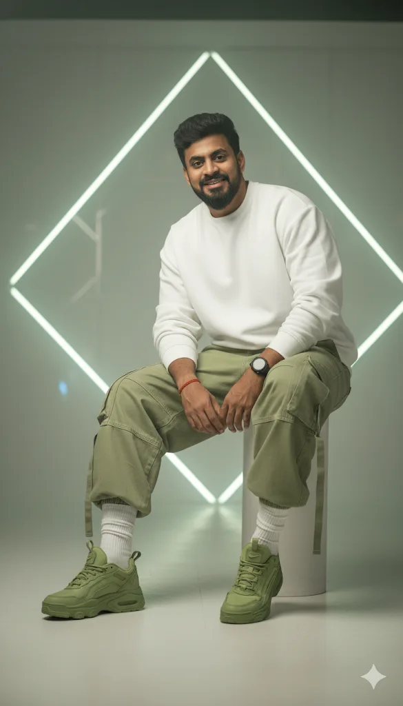Male model in an oversized white sweatshirt and lemon green combat jeans seated in a lemon green studio