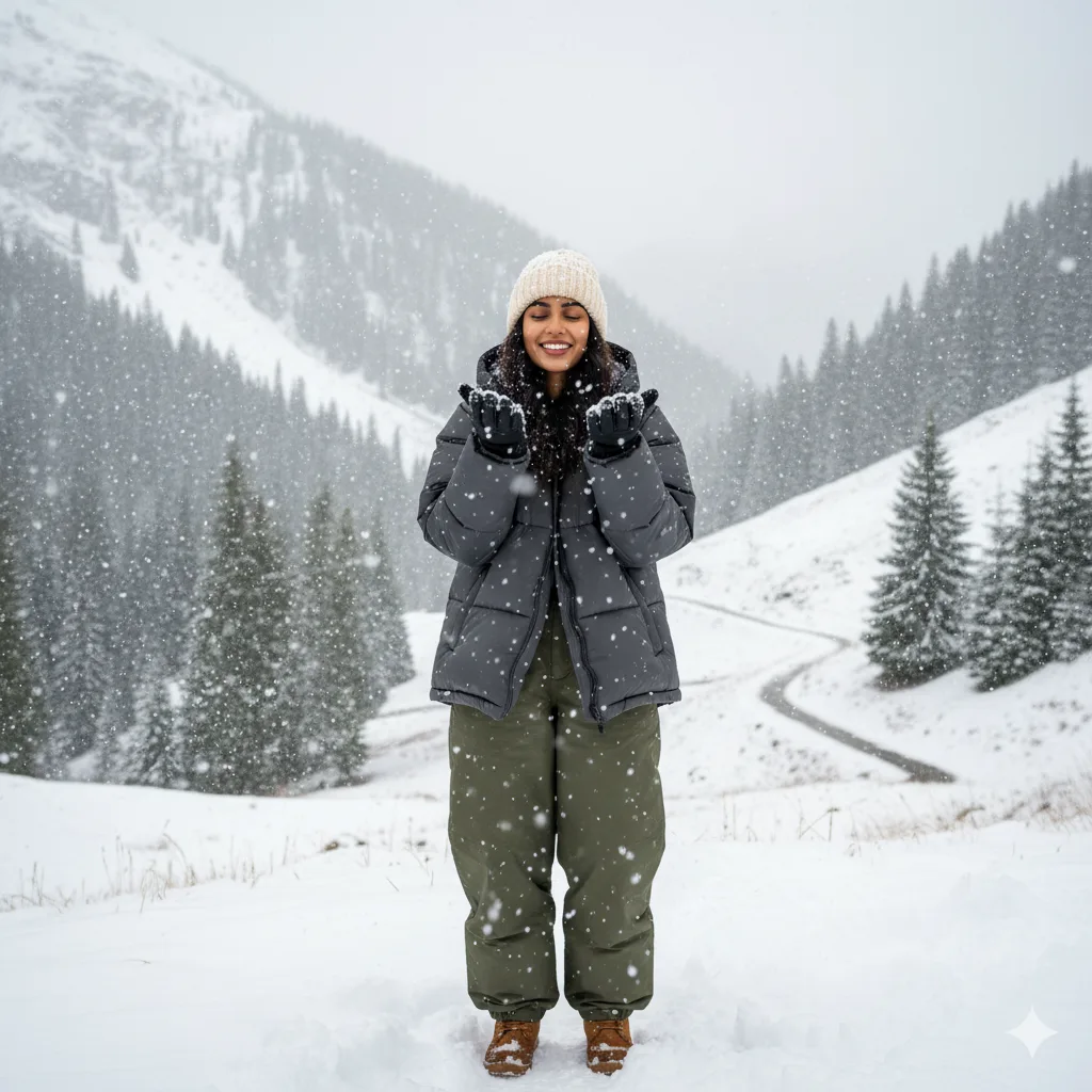 Woman in an oversized puffer jacket holding her hands up to catch snowflakes in a snowy green valley