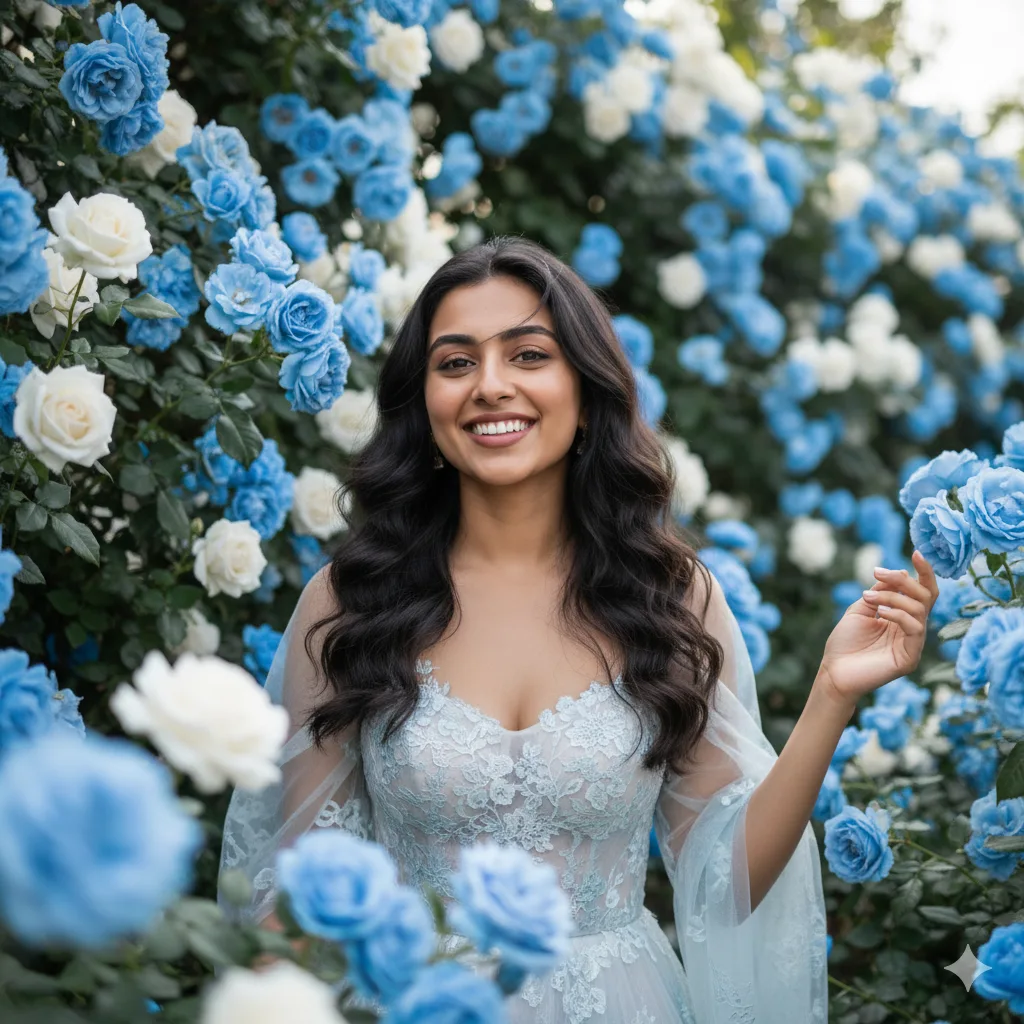 Woman standing among blue and white roses with strands of hair across her face in soft light