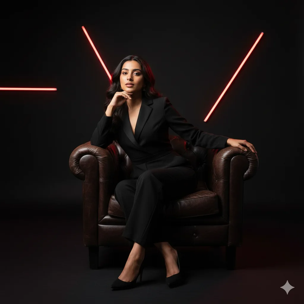 Woman in black tailored outfit seated cross-legged on a leather armchair with neon-red light accents on black