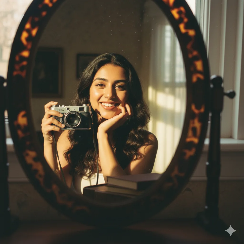 Woman with wavy brown hair holding a silver Kodak camera, reflected in an oval tortoiseshell mirror