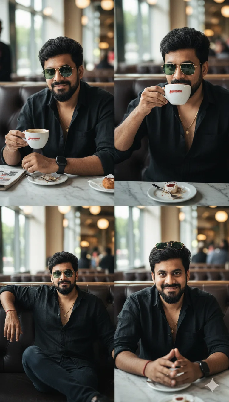 Man in open black linen shirt and green-tinted sunglasses sipping coffee at a marble café table