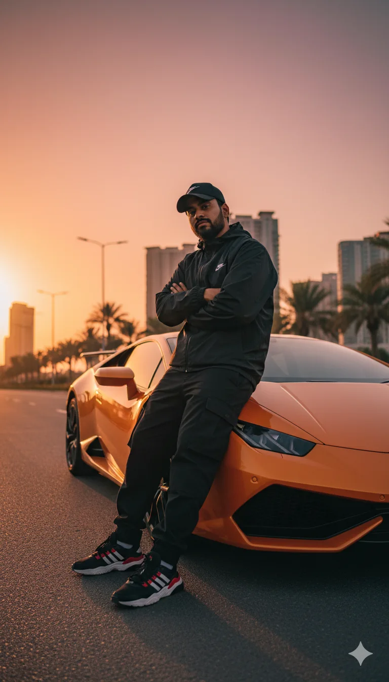 Young man in black windcheater and cap leaning on a Lamborghini Huracán on a road at golden hour
