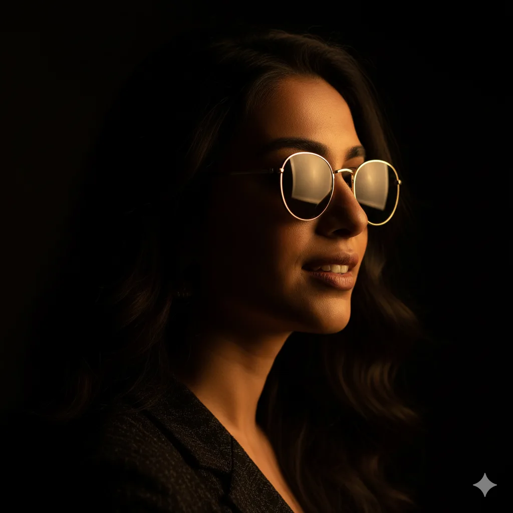 Close-up of a woman in round gold-rimmed sunglasses lit by warm light against a dark blurred background