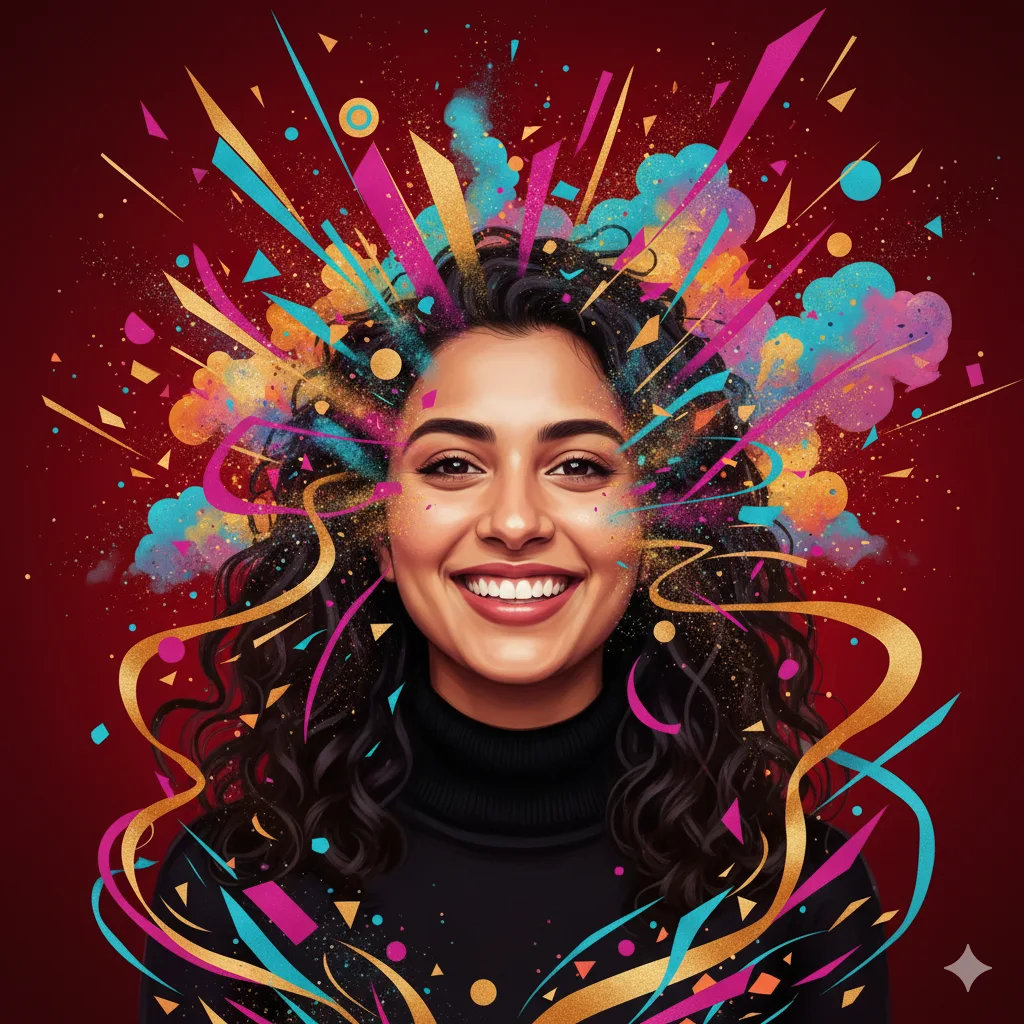 Smiling woman with curly dark hair in a black turtleneck surrounded by geometric shapes and sparkles on red