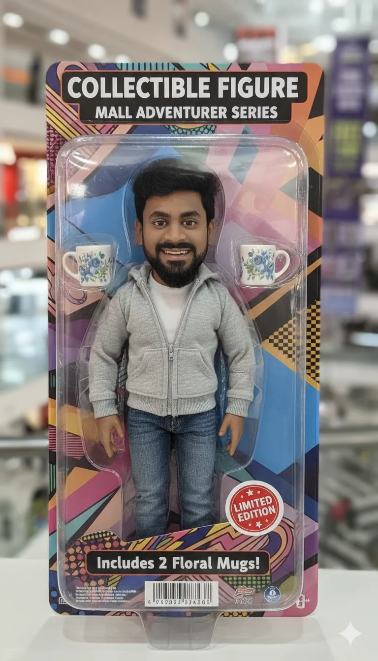Collectible doll in a grey hoodie and jeans inside blister packaging with two floral mugs