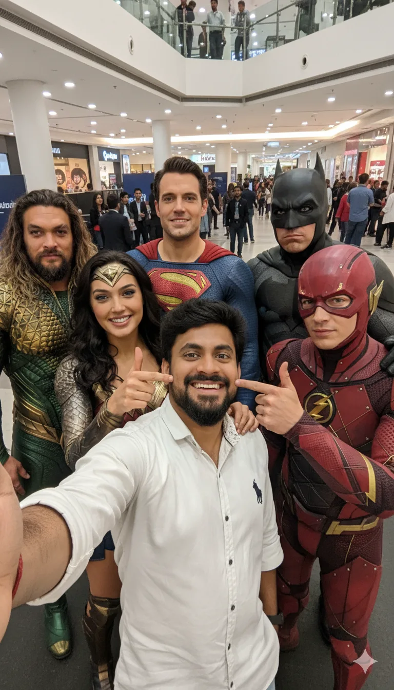 Young man taking a selfie with Justice League heroes as Aquaman and Wonder Woman pinch his cheeks