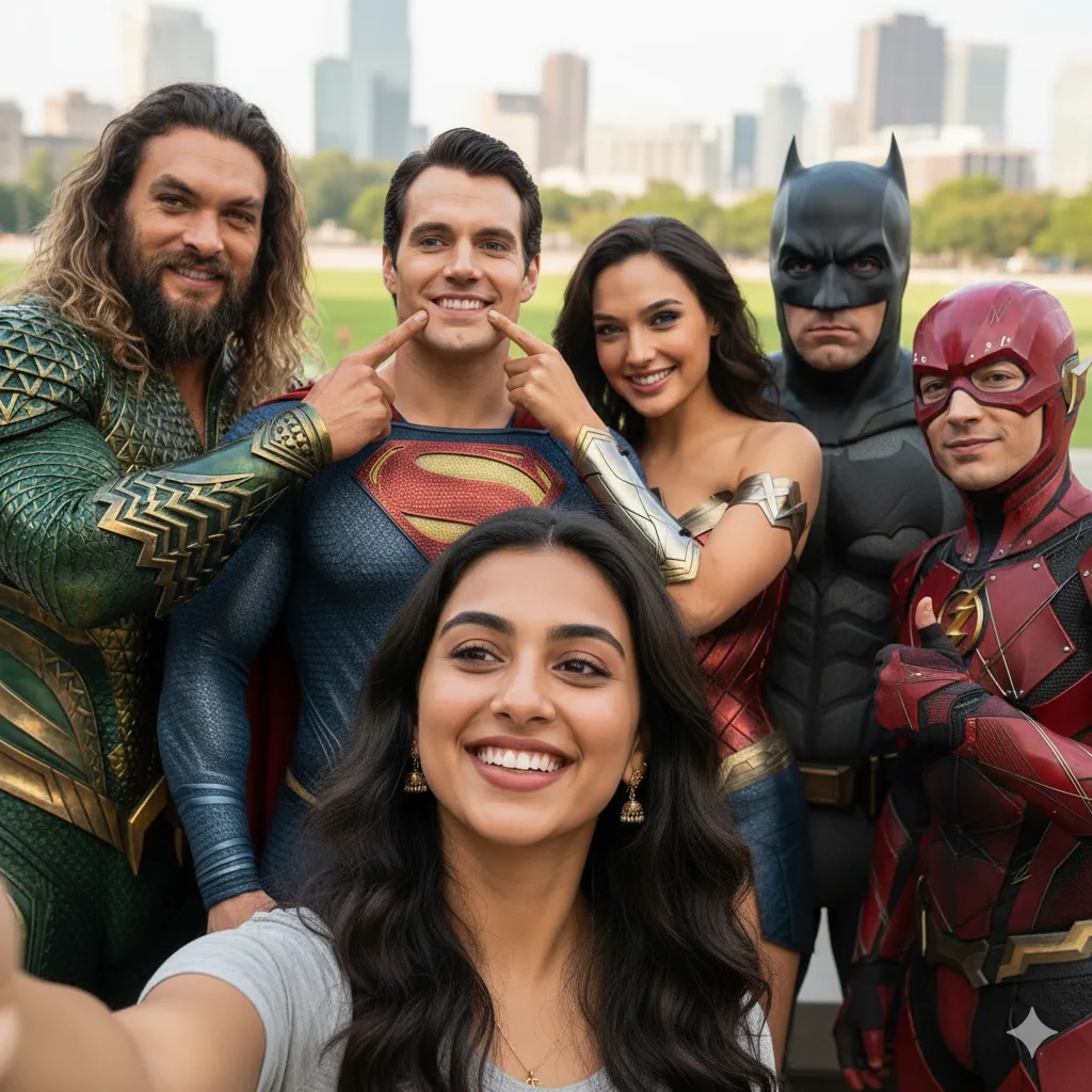 Young woman taking a selfie with smiling Justice League heroes while Batman looks serious