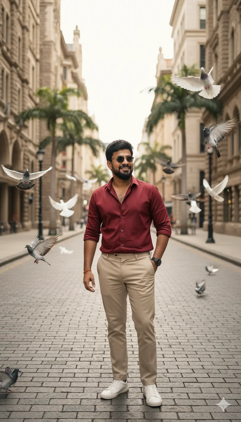 Man in dark red shirt and sunglasses on a stone street with palm trees as doves fly around him