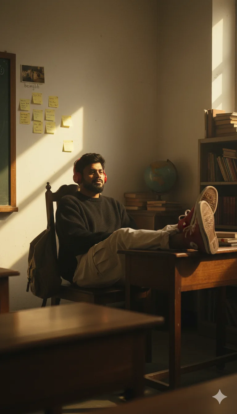 Man with feet on a desk in a vintage classroom wearing red headphones, lit by golden window light