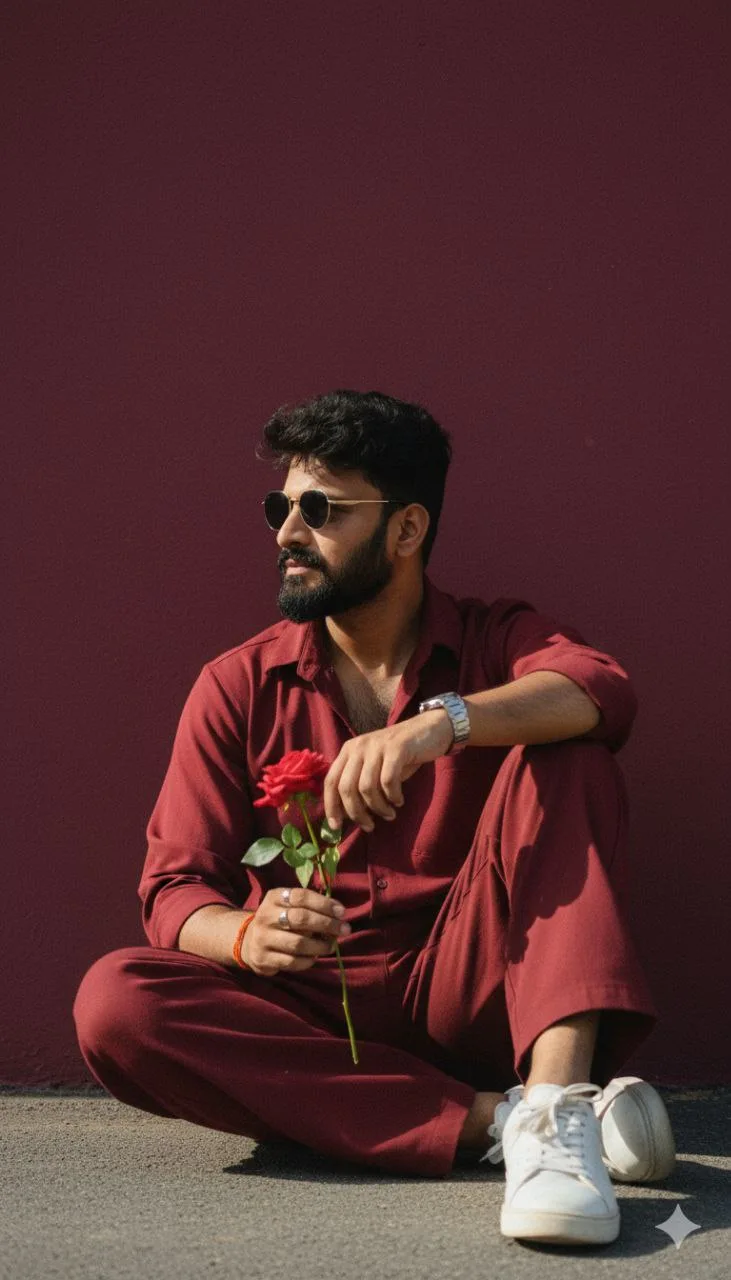 Young man in a wine-coloured retro shirt sitting against a matching wall holding a single red rose