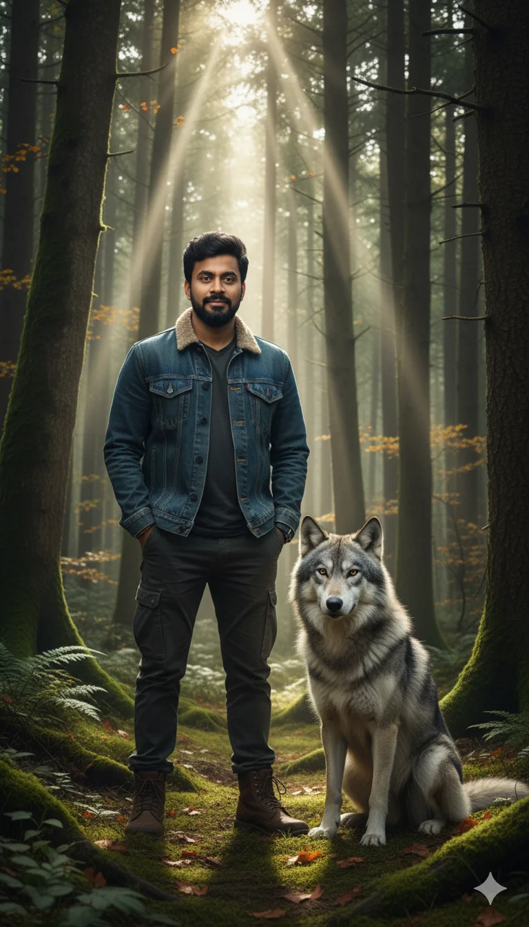 Man in casual clothes standing in a sunlit green forest beside a wolf