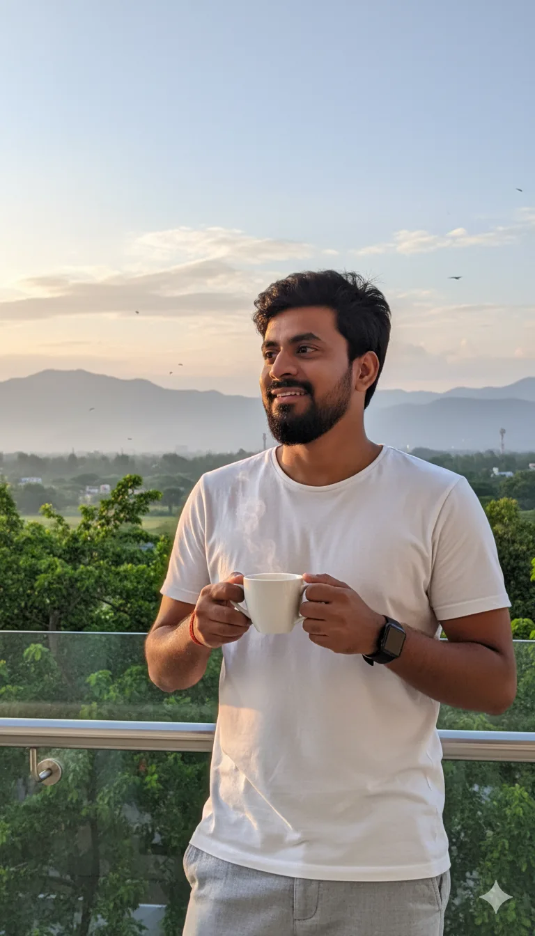 Young man holding steaming tea on a balcony at dawn with misty mountains behind