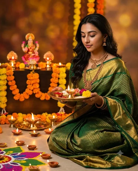 Diwali puja portrait in silk saree