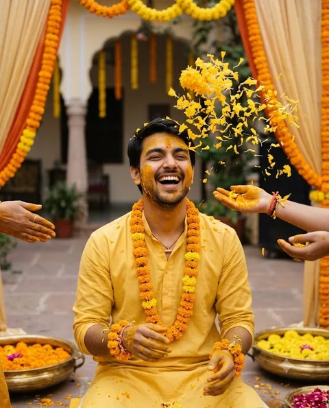 Haldi ceremony with marigold and yellow splash