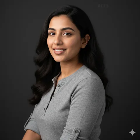 Woman in heather grey henley with rolled sleeves, relaxed chest-up headshot on dark background