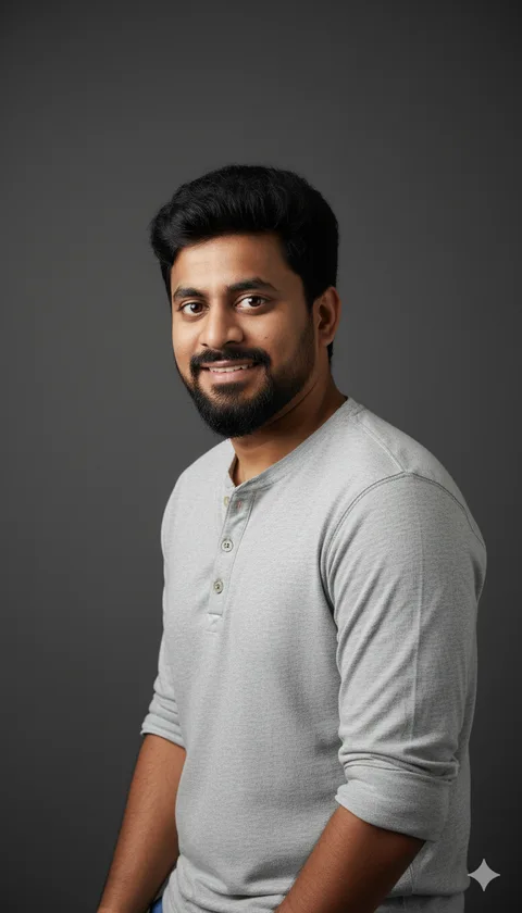 Man in grey henley shirt with relaxed expression, chest-up headshot on a dark studio backdrop