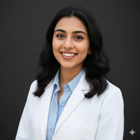 Woman in white medical coat over light blue shirt, front-facing professional headshot