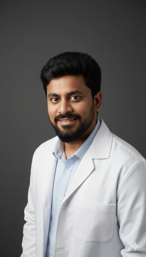 Man in white medical coat and light blue shirt, upright chest-up headshot on dark grey