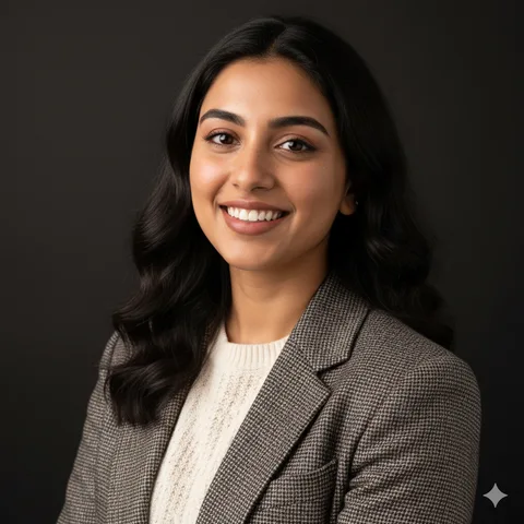 Woman in tweed sport coat over cream sweater with a thoughtful head tilt, studio headshot
