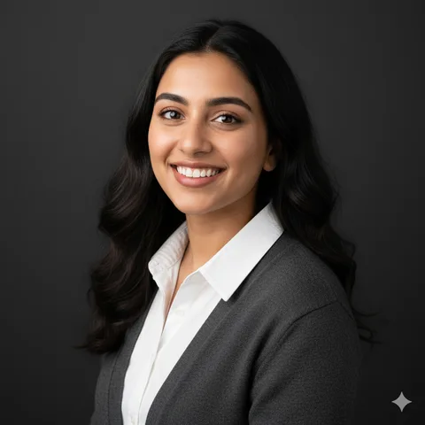 Smiling woman in charcoal cardigan over white blouse, open stance, professional headshot