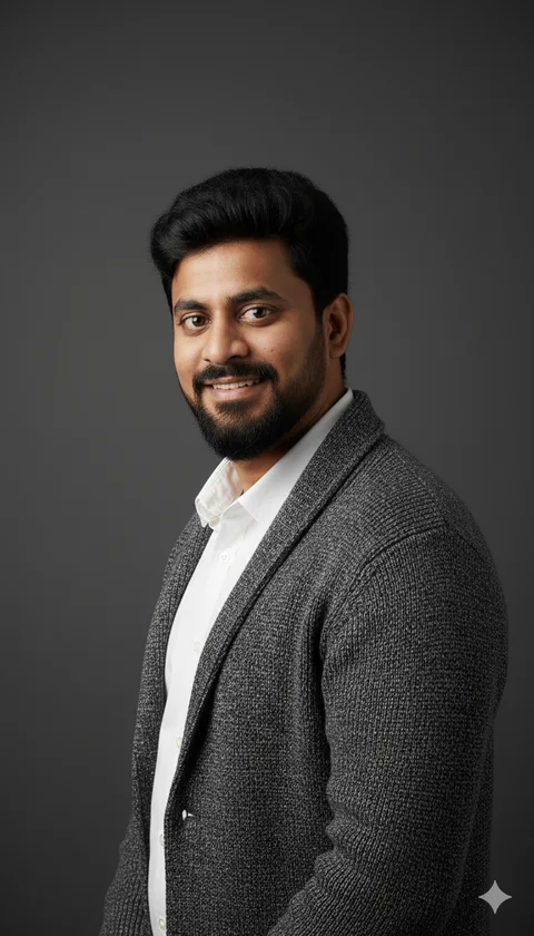 Smiling man in charcoal cardigan over white shirt, warm chest-up headshot on dark grey