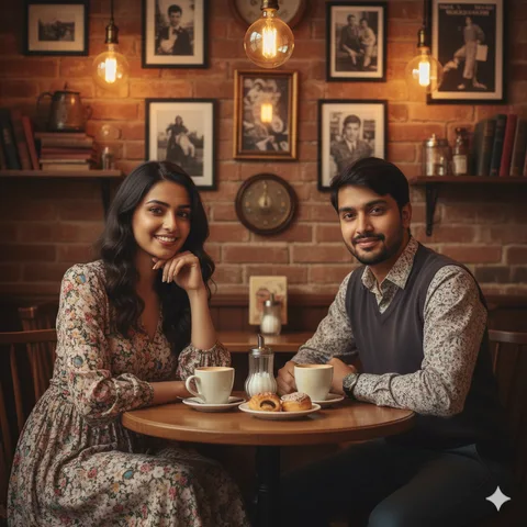 Couple at a round café table with coffee and pastries, vintage framed pictures on the wall