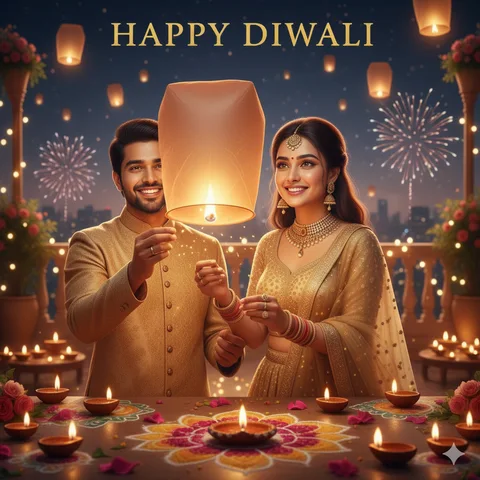 Couple in golden festive wear holding a sky lantern and looking up, more lanterns in the night sky