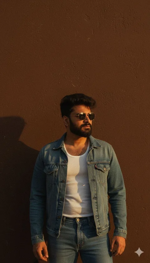 Man in a blue denim jacket and jeans standing against a brown wall with warm sunset shadows