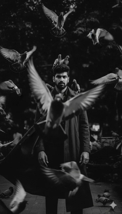 Black-and-white portrait of a man in a trench coat surrounded by flying pigeons, one perched on his shoulder