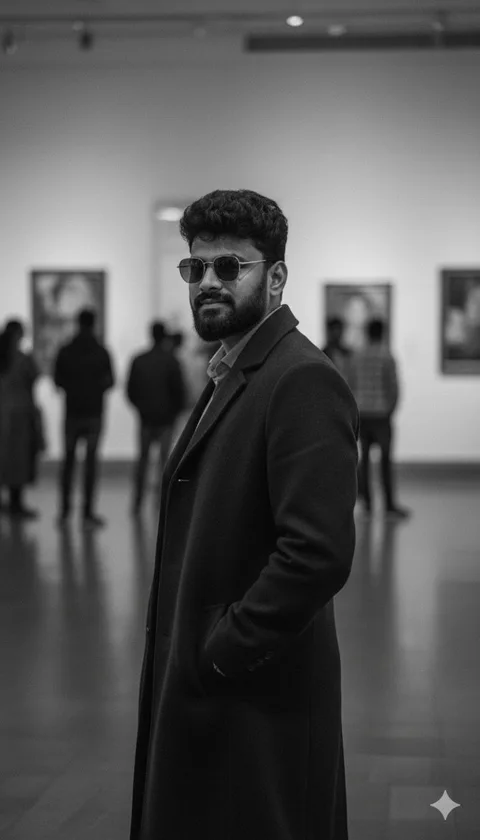 Black-and-white full-body photo of a young man in a long overcoat standing in a busy art gallery