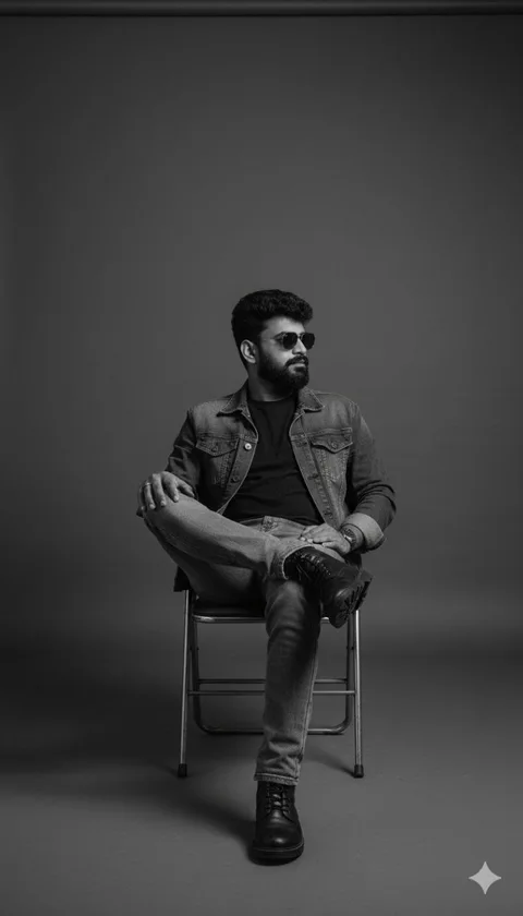 Black-and-white photo of a young man in a denim jacket sitting cross-legged on a folding chair