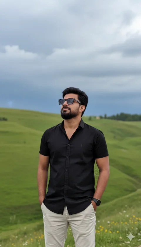 Man in sunglasses and black short-sleeved shirt looking up against green hills and a cloudy sky