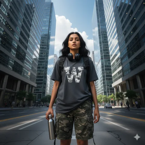 Young woman in grey tee and camo shorts standing in a street with skyscrapers curving overhead