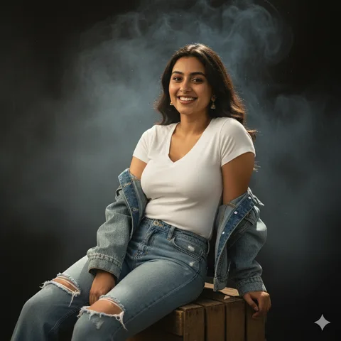Smiling woman in white V-neck and ripped jeans on a wooden crate in a smoky dim room