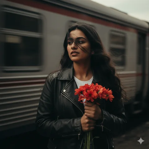 Woman in leather jacket holding red-orange flowers, hair windswept, with a blurred train behind
