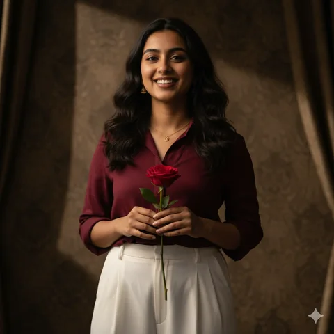 Young Indian woman in maroon shirt and white trousers holding a red rose against a dark retro backdrop