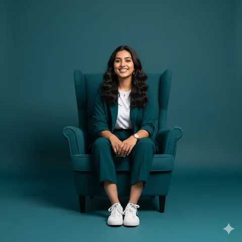 Woman in teal suit and white sneakers seated in a matching teal armchair in a monochrome studio