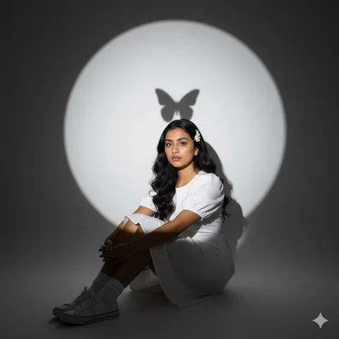 Young woman in white dress sitting on the floor beside a circle of light with a butterfly shadow