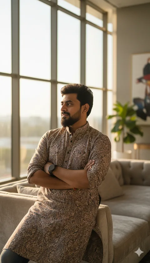 Young man in a luxury kurta with rolled sleeves leaning back on a sofa in a sunlit living room
