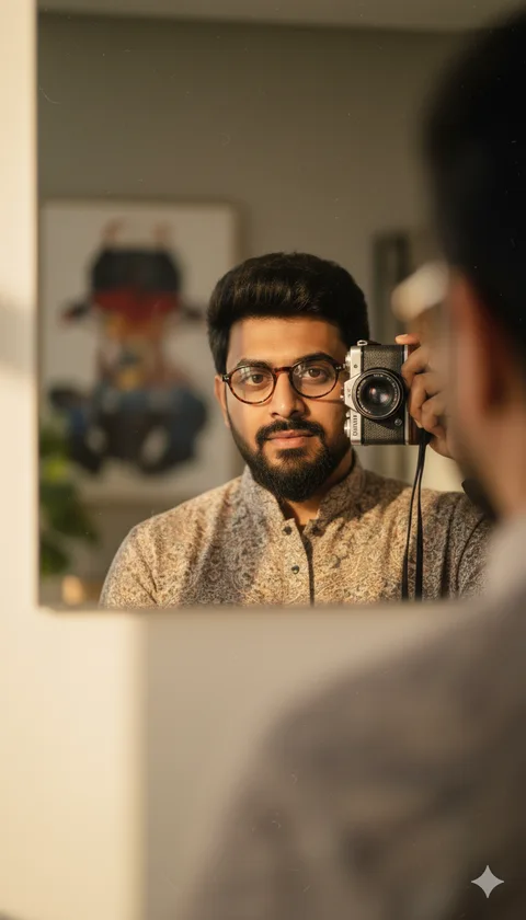 Person in tortoiseshell glasses taking a mirror selfie with a vintage Kodak camera in warm tones