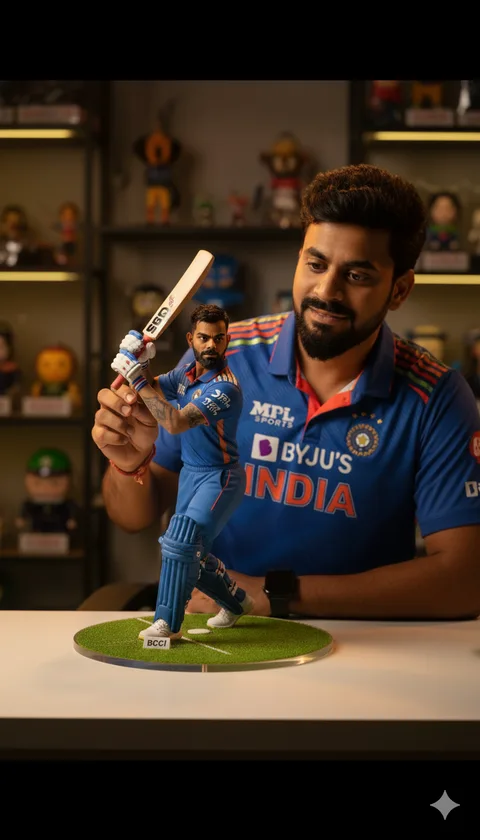 Man in an India jersey brushing a Virat Kohli figurine with a raised bat on a green turf base